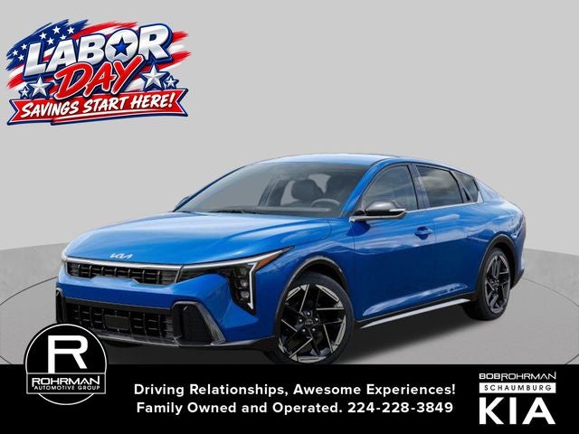 2026 Kia K4 GT-Line in Wave Blue — front three-quarter view