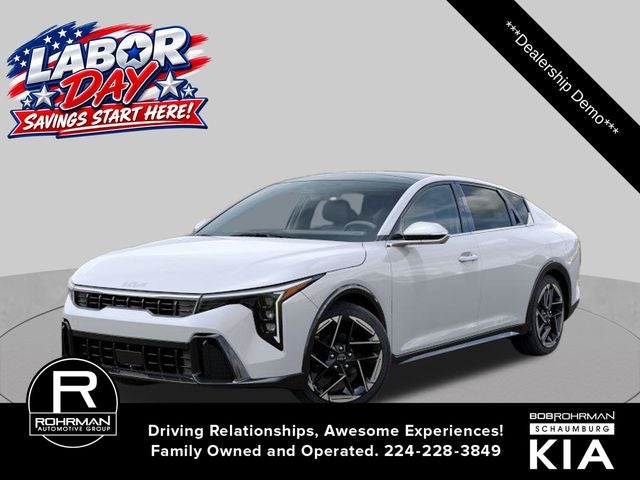 2025 Kia K4 GT-Line in Snow White Pearl — front three-quarter view
