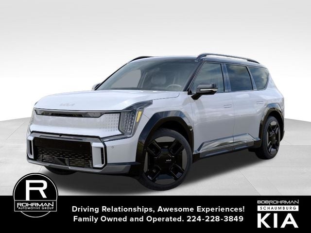 2026 Kia EV9 GT-Line in Glacial White/Ebony Black Roof — front three-quarter view