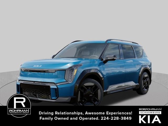 2026 Kia EV9 GT-Line in Ocean Blue — front three-quarter view